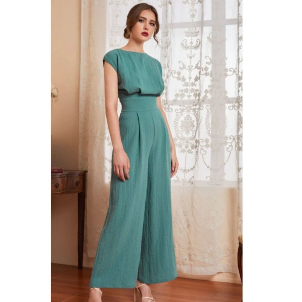 Shein Teal Pleated Jumpsuit Size Small Wide-Leg
